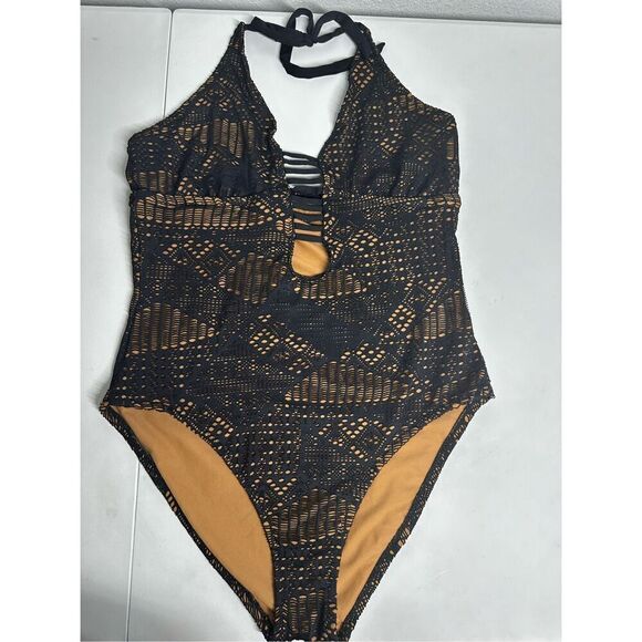 Mossimo Supply Co. Bohemian One Piece Swimsuit Crochet Lined Size XL Black Tan - Picture 2 of 10